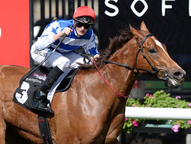 Jockey Regan Bayless and Redkirk Warrior take out the Bobbie Lewis Quality. Picture: AAP