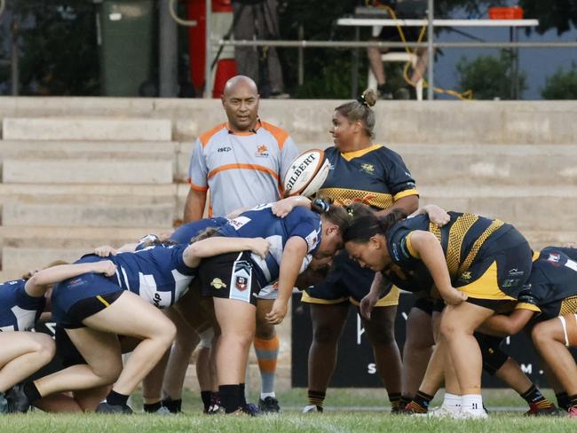 Darwin Dragons vs. Casuarina Cougars Women's sides in a scrum during their Round 2 clash. Picture: From The Sideline Sports Photography.