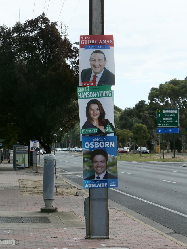 Election signs - known as corflutes - would have been banned under the reforms. Picture: AAP/Emma Brasier