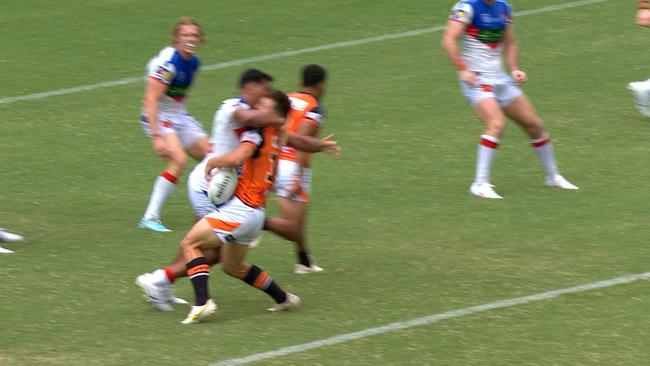 Jacob Saifiti sent off for Jake Simpkin high tackle.