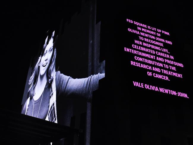 Tributes at Melbourne’s Federation Square to remember Olivia Newton-John. Picture: Josie Hayden