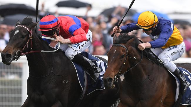 Verry Elleegant (left) is a popular pick at Flemington on Derby Day. Picture: AAP