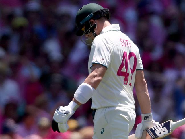 Australiaâs Steve Smith walks off the ground after being dismissed during day three of the fifth cricket Test match between Australia and India at The SCG in Sydney on January 5, 2025. (Photo by DAVID GRAY / AFP) / -- IMAGE RESTRICTED TO EDITORIAL USE - STRICTLY NO COMMERCIAL USE --