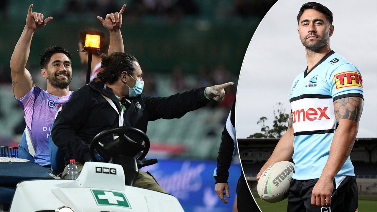 Cronulla Sharks five-eighth Shaun Johnson and that shaka sign he made after tearing his Achilles tendon in Round 19, 2020. Picture: Richard Dobson