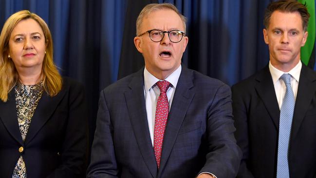 Queensland Premier Annastacia Palaszczuk, Prime Minister Anthony Albanese and NSW Premier Chris Minns after Friday's national cabinet. Picture: NCA NewsWire / John Gass