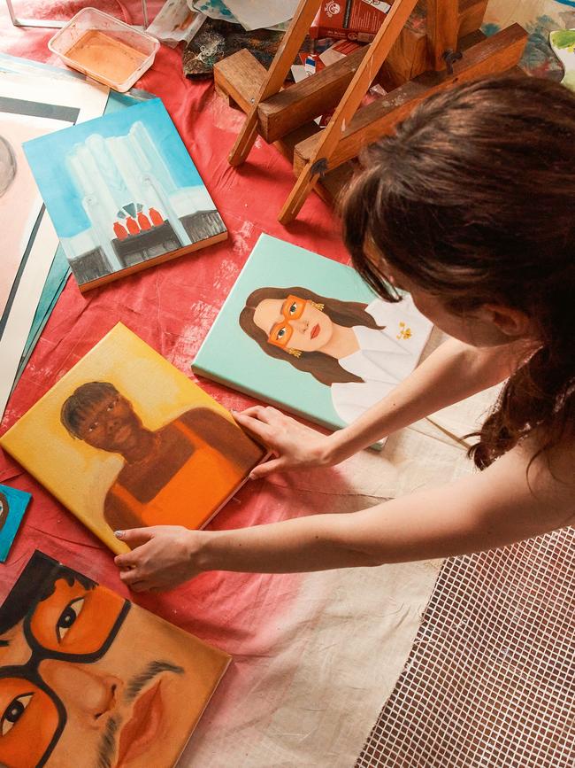 Clockwise from left, Close Up Michael (2024), first self portrait (2009), Portrait of Lynn (2024), a work in progress, art school study (2022), Self Portrait series (2023) produced for 10 magazine in collaboration with Cartier, all by Camille Olsen-Ormandy. Photography: Michael Comninus