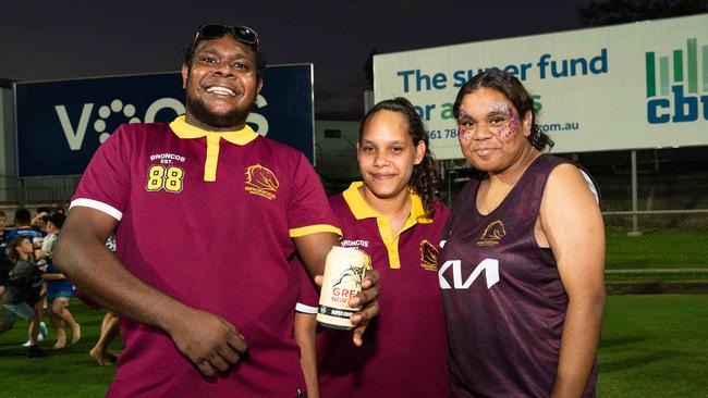 Edward White, Maxina Espie and Shaneille White at the 2023 NRL match at TIO Stadium. Picture: Pema Tamang Pakhrin