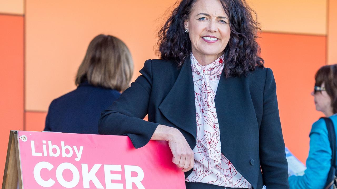 Labor candidate Libby Coker works the line at the Armstrong Creek School voting centre. Picture: Jake Nowakowski