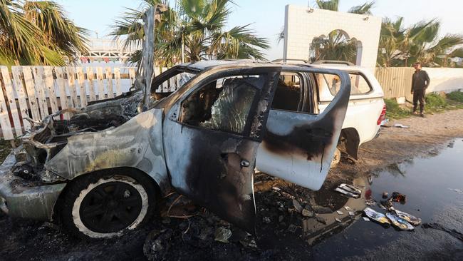 A World Central Kitchen vehicle destroyed in the Israeli air strike. Picture: Reuters