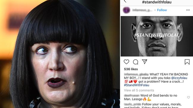 Rugby Australia CEO Raelene Castle (left) and an Instagram post supporting Israel Folau.
