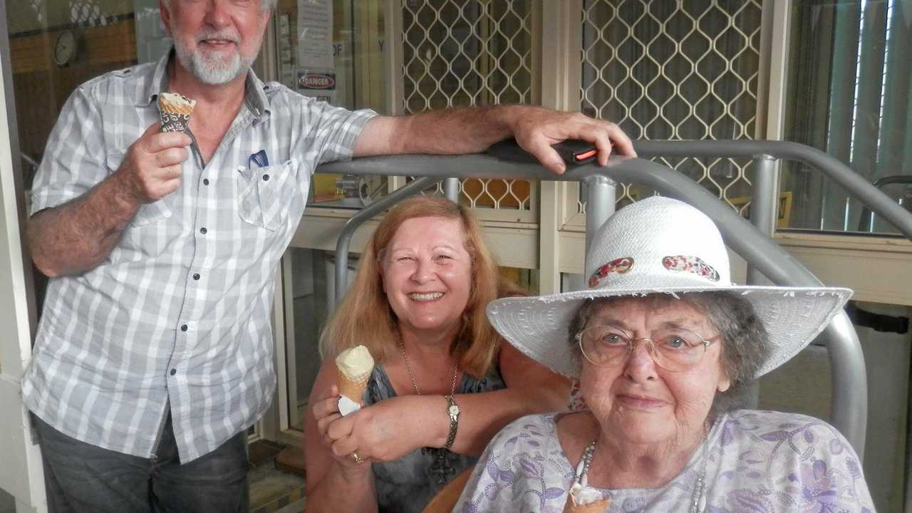 COLD CHANGE: Patrick and Elizabeth Moore and Gwen Thomas enjoy an ice-cream cone at the I Scream day at St Francis Aged Care. Picture: Contributed