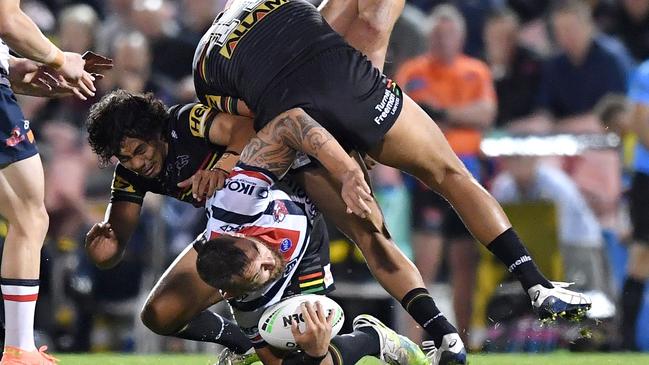 The ugly tackle that could ruin Viliame Kikau’s finals run. Picture: NRL Photos