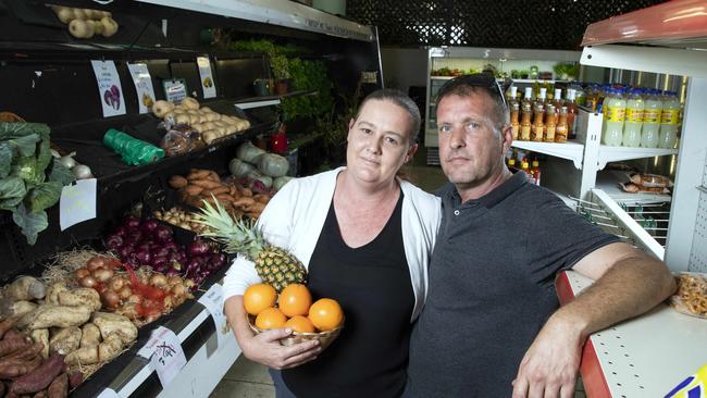 Charnelle Wilson and Tony Penglase, the former co owners of Wynnum Central Fresh Fruit Barn, which closed in February, 2020. (AAP Image/Renae Droop)