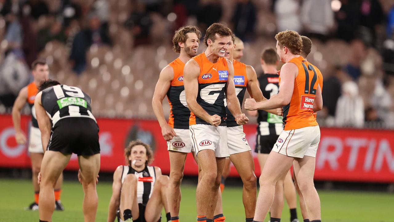 GWS players celebrate on the final siren against Collingwood last year. Pic: Michael Klein