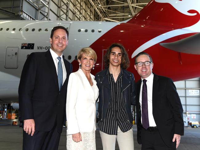 Minister for Trade, Tourism and Investment Steve Ciobo, Foreign Affairs Minister Julie Bishop, 2016 X-Factor winner Isaiah Firebrace and Qantas CEO Alan Joyce at the G'Day USA launch today. Picture: AAP Image/Dan Himbrechts