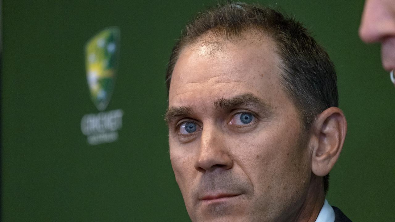 Justin Langer looks on during a media conference after he was named as head coach of the Australian men's cricket team