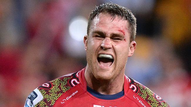 BRISBANE, AUSTRALIA - MAY 30: James Horwill of the Reds celebrates victory after team mate Jake Schatz scores after the siren to win the match after the round 16 Super Rugby match between the Reds and the Highlanders at Suncorp Stadium on May 30, 2014 in Brisbane, Australia. (Photo by Bradley Kanaris/Getty Images)