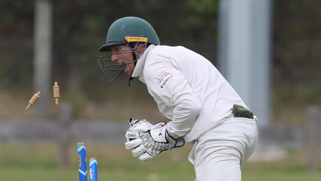Anglesea keeper Tyron Norman runs out Barwon Heads’ Daniel Donaldson in the BPCA semi-final. Picture: Mark Wilson
