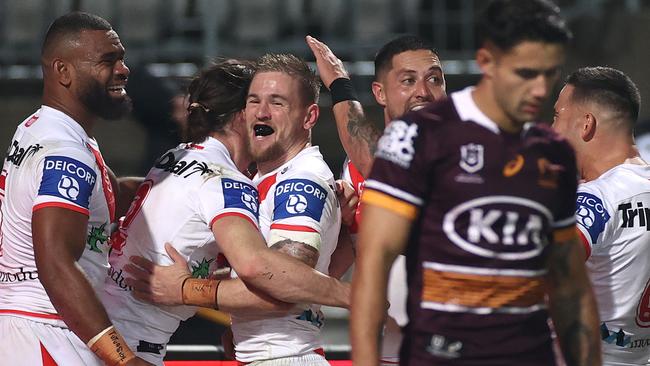 SYDNEY, AUSTRALIA - JUNE 03: Matthew Dufty of the Dragons celebrates after scoring a try during the round 13 NRL match between the St George Illawarra Dragons and the Brisbane Broncos at Netstrata Jubilee Stadium on June 03, 2021, in Sydney, Australia. (Photo by Cameron Spencer/Getty Images)