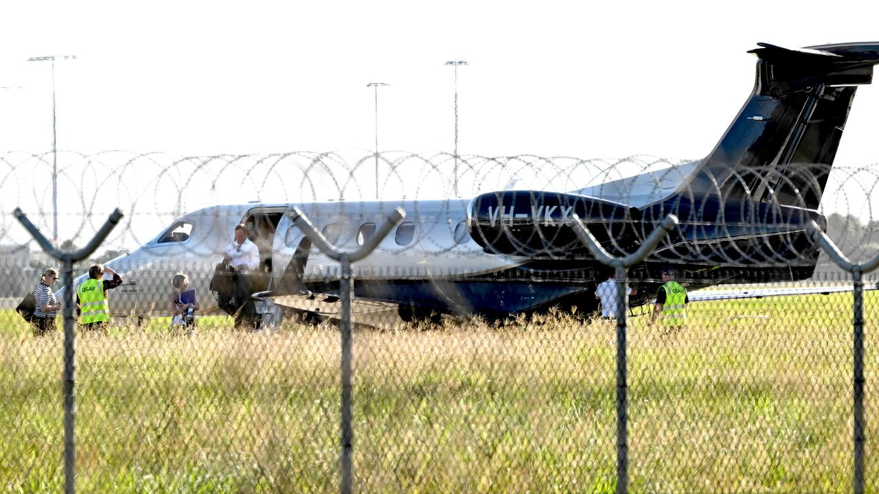 Premier Steven Miles alights from his jet in Brisbane. Picture: Lyndon Mechielsen