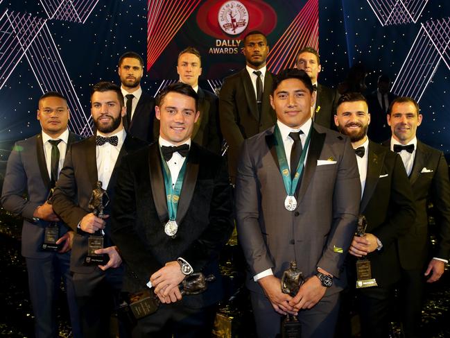 Team of the year Joseph Leilua ,James Tedesco,Jesse Bromwich,James Maloney,Top try scocer Suliasi Vunivalu ,Top point scorer Jarrod Croker ,Josh Mansour , Cameron Smith with Dally M winners Cooper Cronk and Jason Taumalolo at the Dally M awards night at The Star , Pyrmont . Picture : Gregg Porteous