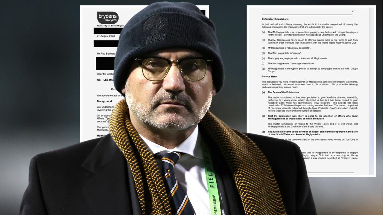 Lee Hagipantelis sends legal letter to Wests Tigers fan podcast.