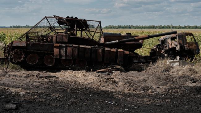 Burnt Russian military equipment, including tanks, seen on the road to Sudzha on Friday. Picture: Kostiantyn Liberov/Libkos/Getty Images