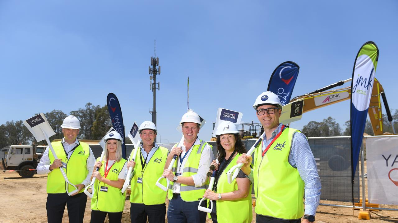 Sod turning of the Yamanto Central Shopping Centre. DMA Partners managing director Ryan Anderson, Chey Mesh from Coles, JM Kelly Group director Jim Kelly, Main Brace Constructions managing director Rob Doust, JMK Retail general manager Vicki Leavy and Property (Kmart) general manager Ben Smith.