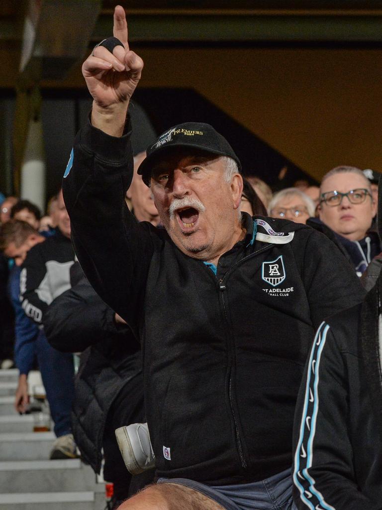 SEPTEMBER 13, 2024: Port fans in the cheer squad during the Port v Hawthorn semi final at Adelaide Oval. Picture: Brenton Edwards