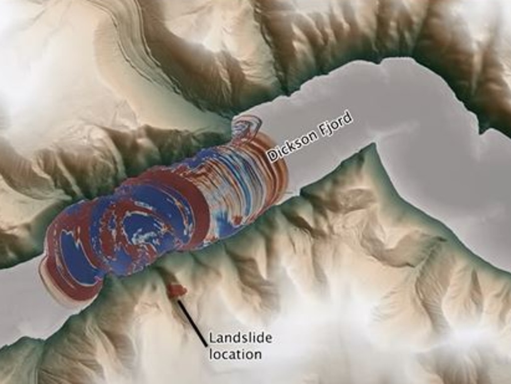 The mountain peak collapsed into Dickson Fjord, sparking a tsunami and causing water to slosh back and forth. Picture: YouTube/Stephen Hicks