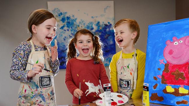 Isla, Olive, and Ethan painting Pepper Pig during Cork and Chroma online classes. Picture: Nicki Connolly