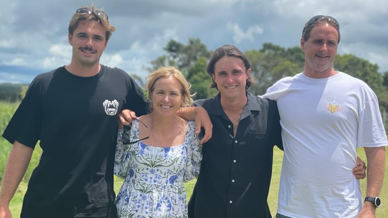 Marisa Worling, a Ballina woman who is marching in the Melanoma March 2024 after being diagnosed with stage four cancer, with her sons Liam (on right), Cadyn (on left) and husband Craig