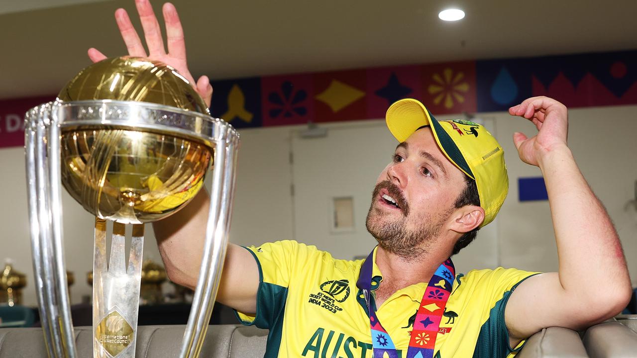 Travis head celebrates. Photo by Matthew Lewis-ICC/ICC via Getty Images.