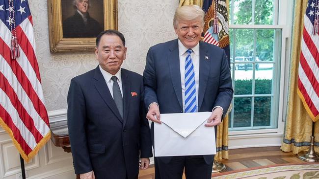 Kim Yong Chol gives and Donald Trump a letter from Kim Jong-un. Picture: White House