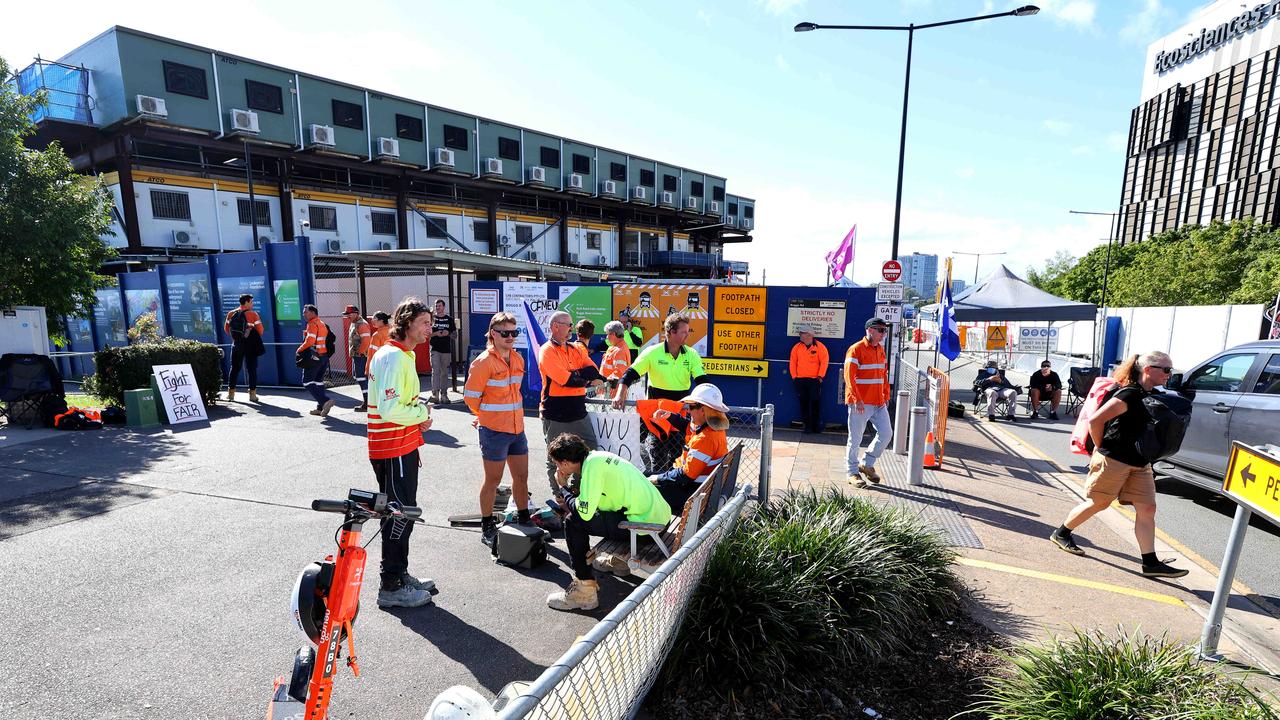 CFMEU and other unions have shutdown Cross River rail sites all over Brisbane preventing other workers from doing their job, protesters pictured at the Boggo Road Cross River Rail Site.