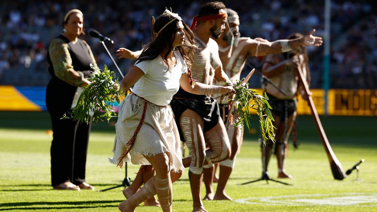 Welcome to Country performed during the 2025 Toyota AFL Indigenous All Stars match between the Indigenous All Stars and the Fremantle Dockers at Optus Stadium on February 15, 2025. Picture: Michael Willson