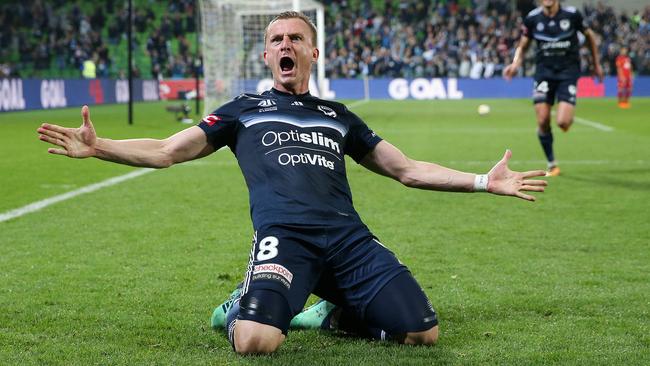 Besart Berisha of the Victory celebrates his goal against Adelaide