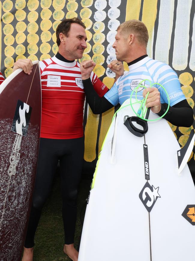 Mick Fanning and Joel Parkinson at the Surf of Origin at Burleigh Beach. Picture: Annette Dew