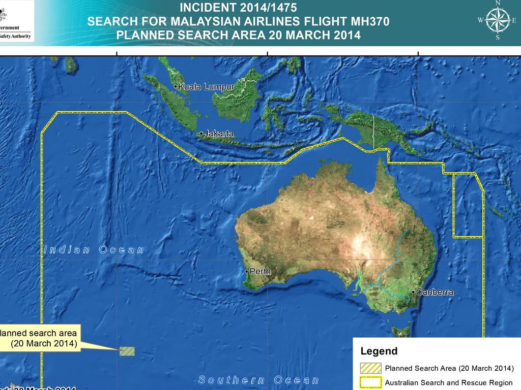 Satellite images show a map of a previously planned search area for missing Malaysian Airlines Flight MH370. Picture: AMSA/Getty Images