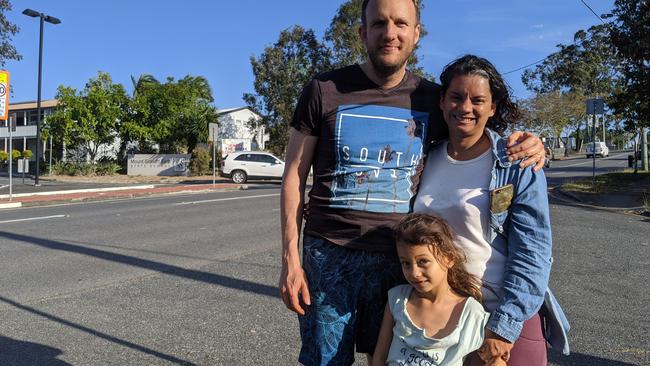 The Quiroga-Vigoulette family at Enfield St, Mount Gravatt East say the planned $14 million fix to the Wecker Rd Newnham Rd intersection will add 10 minutes to their daily commute as they will no longer be able to turn right onto Newnham Rd. Picture: Alex Treacy