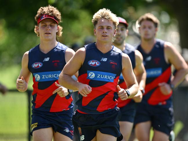 Harry Sharp runs laps during a Melbourne Demons session at Gosch's Paddock. Picture: Quinn Rooney/Getty Images.