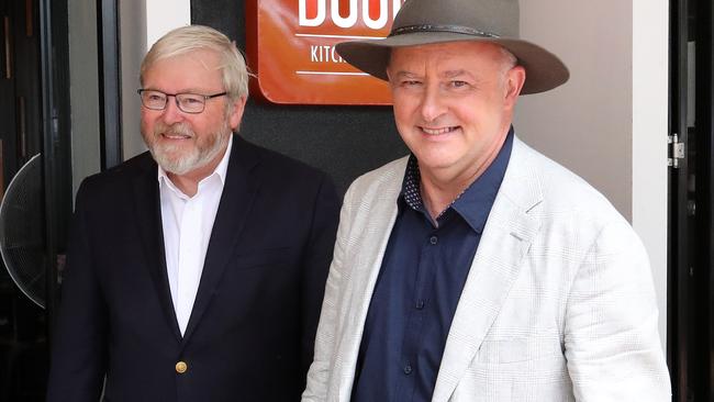 Former PM Kevin Rudd with Opposition Leader Anthony Albanese. Picture: Liam Kidston