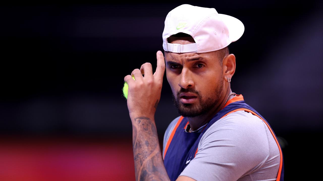 DUBAI, UNITED ARAB EMIRATES - DECEMBER 19: Nick Kyrgios of Eagles looks on during day on of the World Tennis League at Coca-Cola Arena on December 19, 2022 in Dubai, United Arab Emirates. (Photo by Francois Nel/Getty Images)