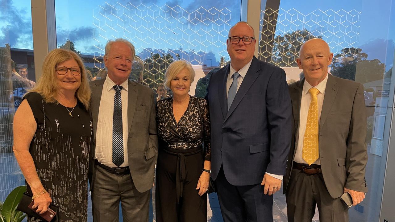 Sharon and Tom Klaer, Sharyn and David Millers, and Ross Claffley at the Metropolitan Caloundra Surf Life Saving Club 90th Anniversary Gala Ball.