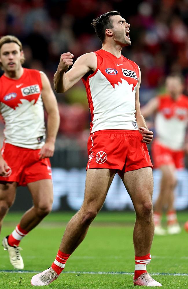 Logan McDonaldcelebrates after kicking a goal during the round 15 game against Greater Western Sydney. Picture: Brendon Thorne/AFL Photos/Getty Images.