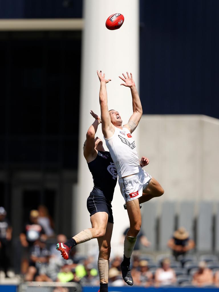 Carlton could risk losing Tom De Koning (back) if they can’t sort their salary woes with some tinkering of their list. (Photo by Michael Willson/AFL Photos via Getty Images)