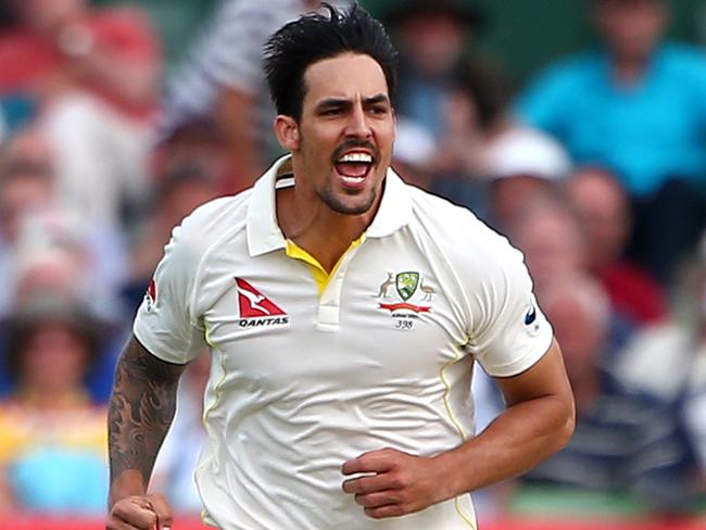 CANTERBURY, ENGLAND - JUNE 26: Australia's Mitchell Johnson celebrates after bowling out Ben Harmison of Kent during day two of the tour match between Kent and Australia at The Spitfire Ground, St Lawrence on June 26, 2015 in Canterbury, England. (Photo by Charlie Crowhurst/Getty Images)