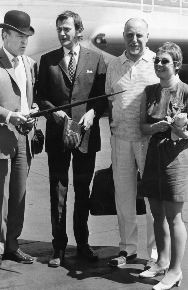 Dench with fellow Royal Shakespeare Company actors (from left) Donald Sinden, Barrie Ingham and Bill Fraser at Adelaide Airport in March 1970. Picture: News Corp Australia