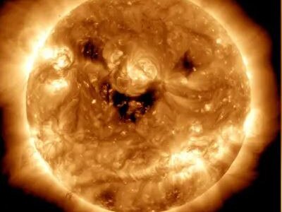 NASA's Solar Dynamics Observatory previously caught an image of the sun in ultraviolet light with three dark spots on its surface on October 26, giving the illusion the sun was smiling. Picture: @NASASun/Twitter