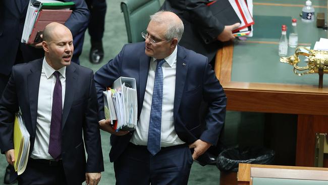 Josh Frydenberg with Prime Minister Scott Morrison during Question Time. Picture: Gary Ramage